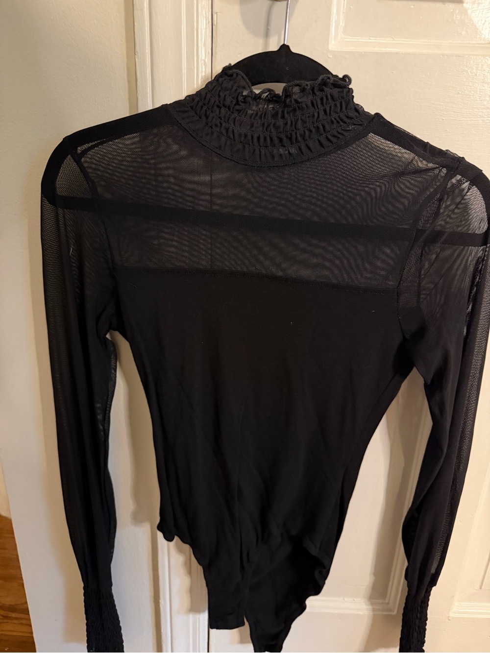Black Mesh High-Neck Long-Sleeve Bodysuit